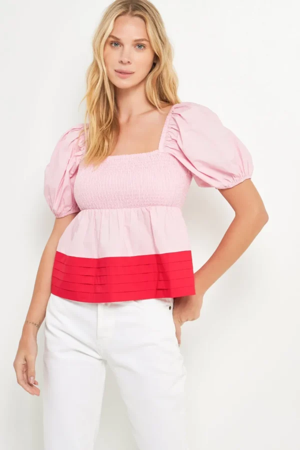 ENGLISH FACTORY Tops*- Colorblock Smocked Top PINK/RED