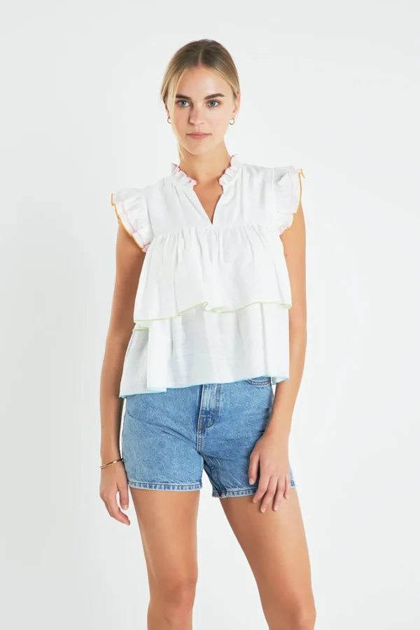 ENGLISH FACTORY Tops*- Colorblock Edge Tiered Top WHITEMULTI