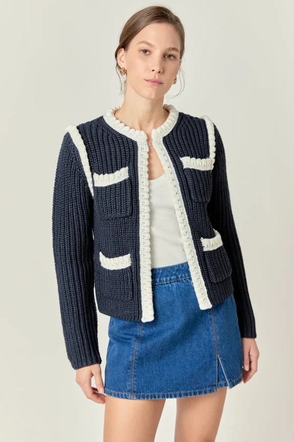 ENGLISH FACTORY Jackets & Coats | Tops*- Colorblock Braided Cardigan NAVY/WHITE