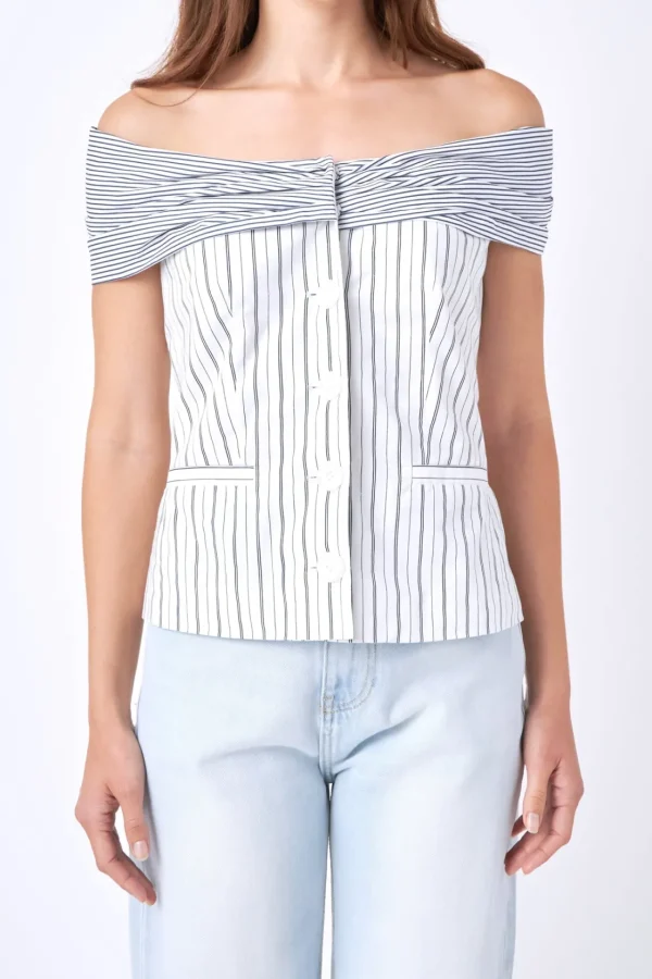 ENGLISH FACTORY Tops*- Combination Stripe Off Shoulder Top WHITE/NAVY