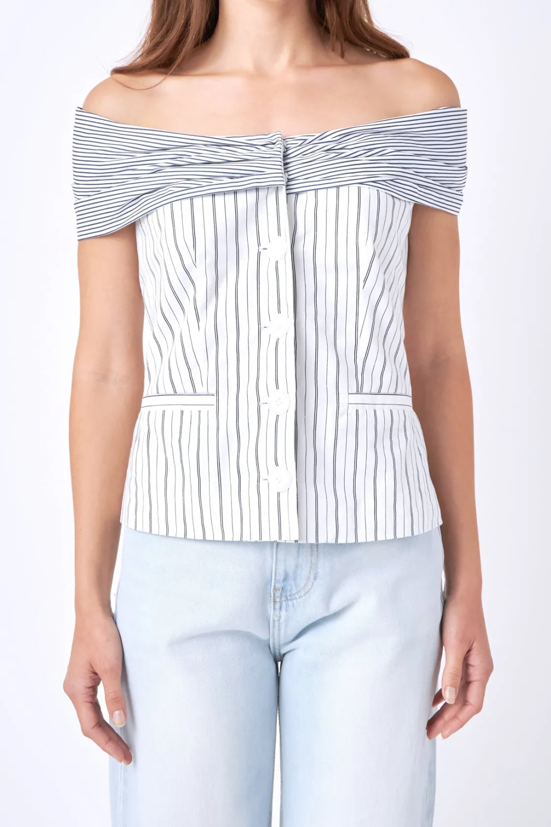 english_factory__combinat_0.webp ENGLISH FACTORY Tops*- Combination Stripe Off Shoulder Top WHITE/NAVY