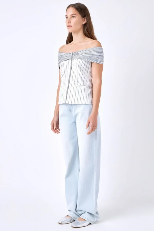 ENGLISH FACTORY Tops*- Combination Stripe Off Shoulder Top WHITE/NAVY