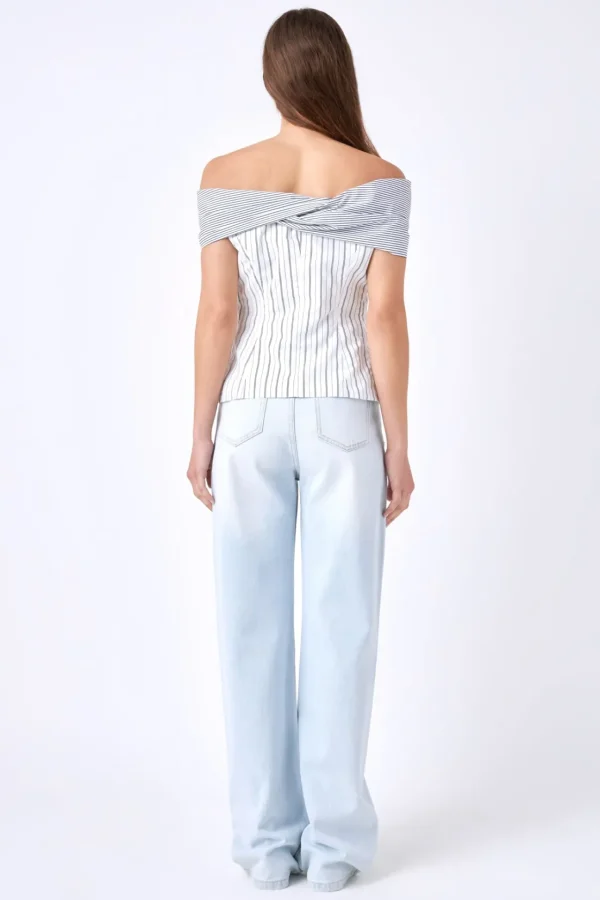 ENGLISH FACTORY Tops*- Combination Stripe Off Shoulder Top WHITE/NAVY