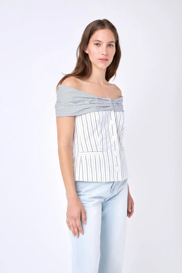 ENGLISH FACTORY Tops*- Combination Stripe Off Shoulder Top WHITE/NAVY