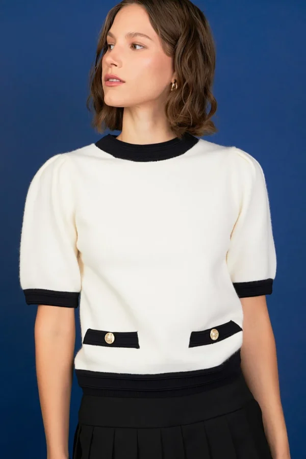 ENGLISH FACTORY Sweaters & Knits | Tops*- Combo Puff Sleeves Knit OFFWHITE/BLACK