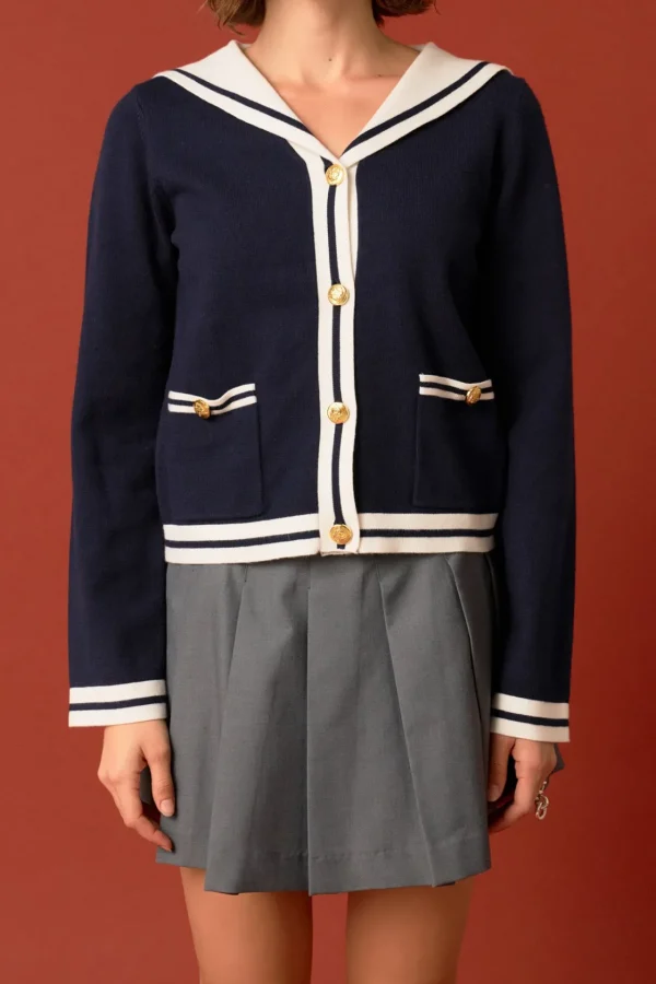 ENGLISH FACTORY Sweaters & Knits*- Contrast Sailor Collar Cardigan NAVY/WHITE