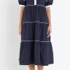 ENGLISH FACTORY Puff Sleeve | Tops*- Contrast Midi Dress NAVY