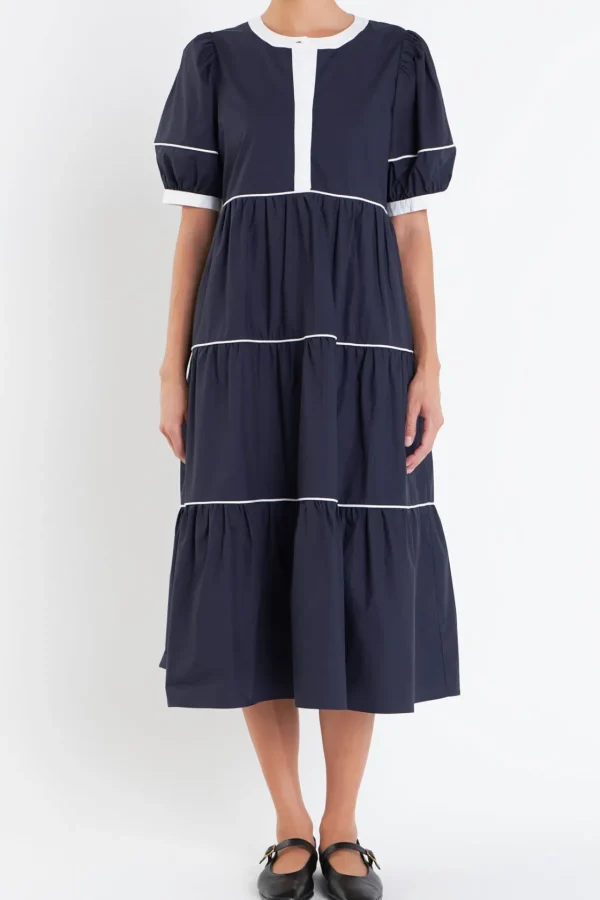 ENGLISH FACTORY Puff Sleeve | Tops*- Contrast Midi Dress NAVY