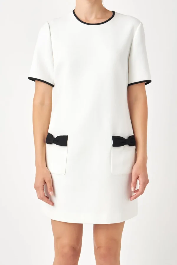 ENGLISH FACTORY Tweed Dresses | Matching Sets*- Contrast Accent Shift Pocket Mini Dress IVORY