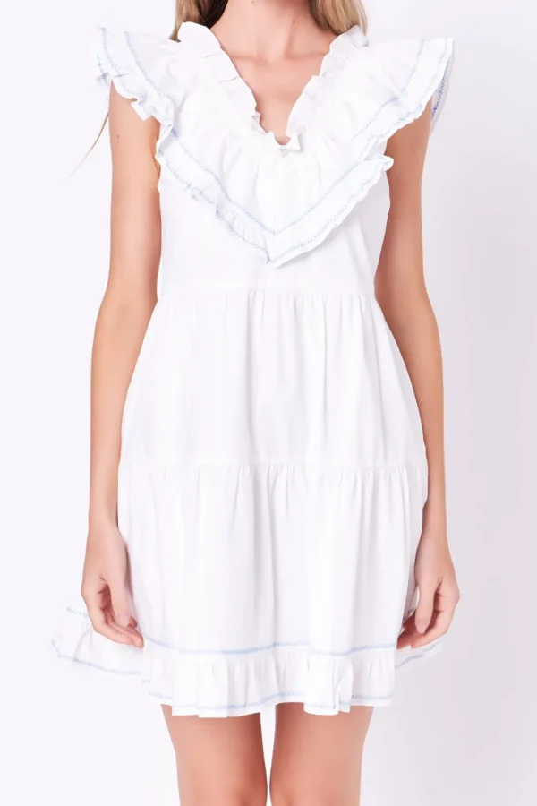 ENGLISH FACTORY White Dresses | Tops*- Contrast Embroidery Ruffled Mini Dress WHITE