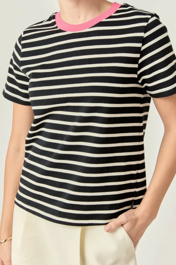 ENGLISH FACTORY Tops*- Contrast Rib Stripe Short Sleeve T-shirt BLACK/PINK