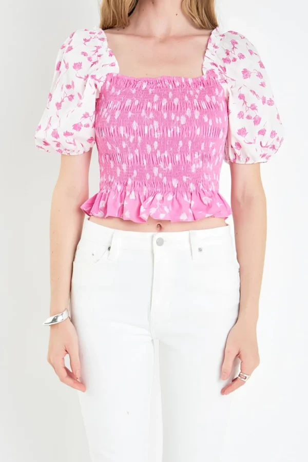 ENGLISH FACTORY Tops*- Contrast Floral Smocked Top PINK/WHITE