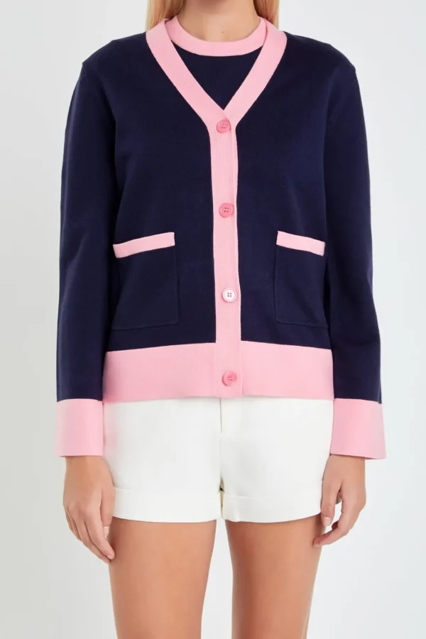 ENGLISH FACTORY Jackets & Coats | Tops*- Contrast V-neck Cardigan BLUE/PINK