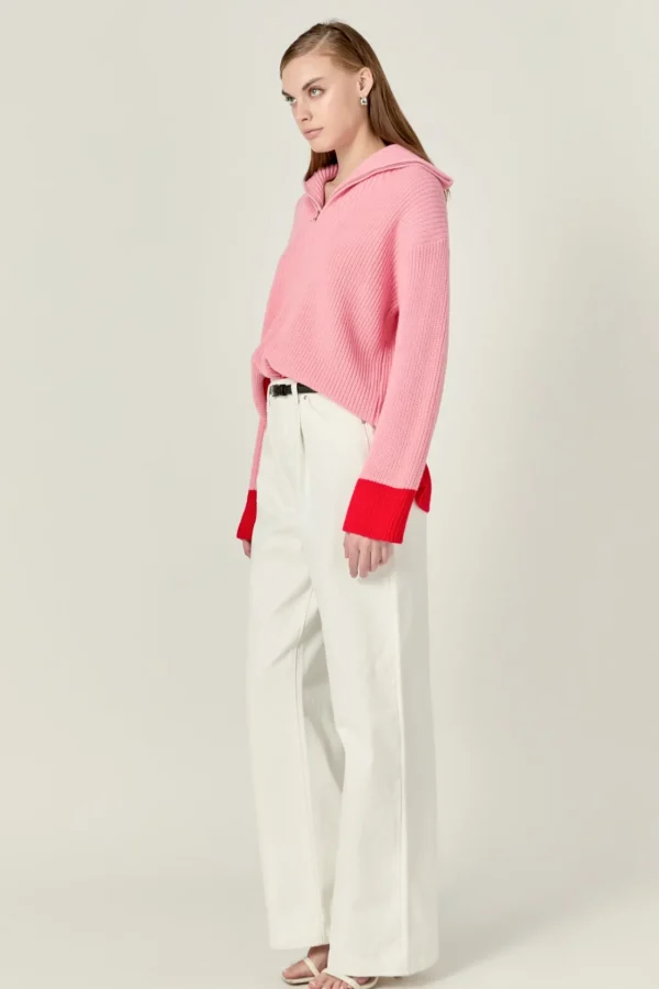 ENGLISH FACTORY Sweaters & Knits | Tops*- Contrast Zip Pullover Sweater PINK/RED