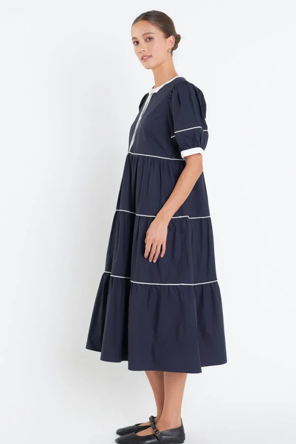 ENGLISH FACTORY Puff Sleeve | Tops*- Contrast Midi Dress NAVY