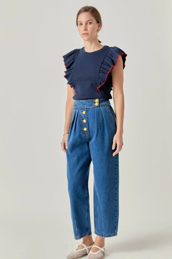 ENGLISH FACTORY Tops*- Contrast Merrow Detail Ruffled Knit Top