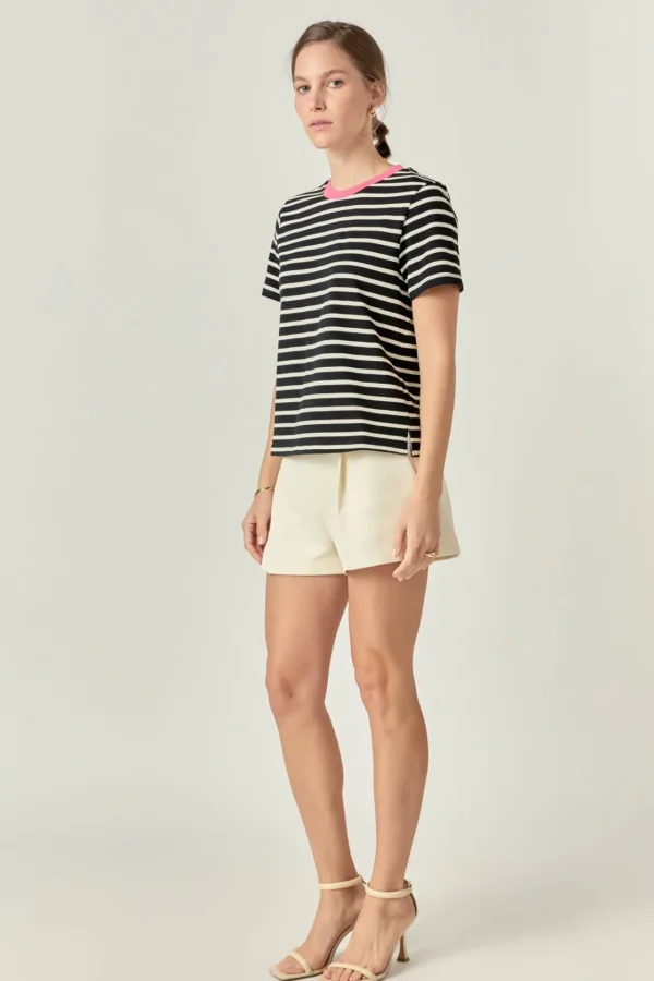 ENGLISH FACTORY Tops*- Contrast Rib Stripe Short Sleeve T-shirt BLACK/PINK