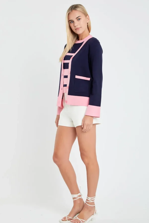 ENGLISH FACTORY Jackets & Coats | Tops*- Contrast V-neck Cardigan BLUE/PINK