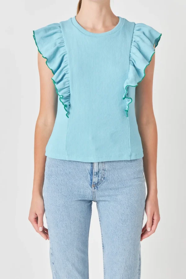 ENGLISH FACTORY Tops*- Contrast Merrow Detail Ruffled Knit Top