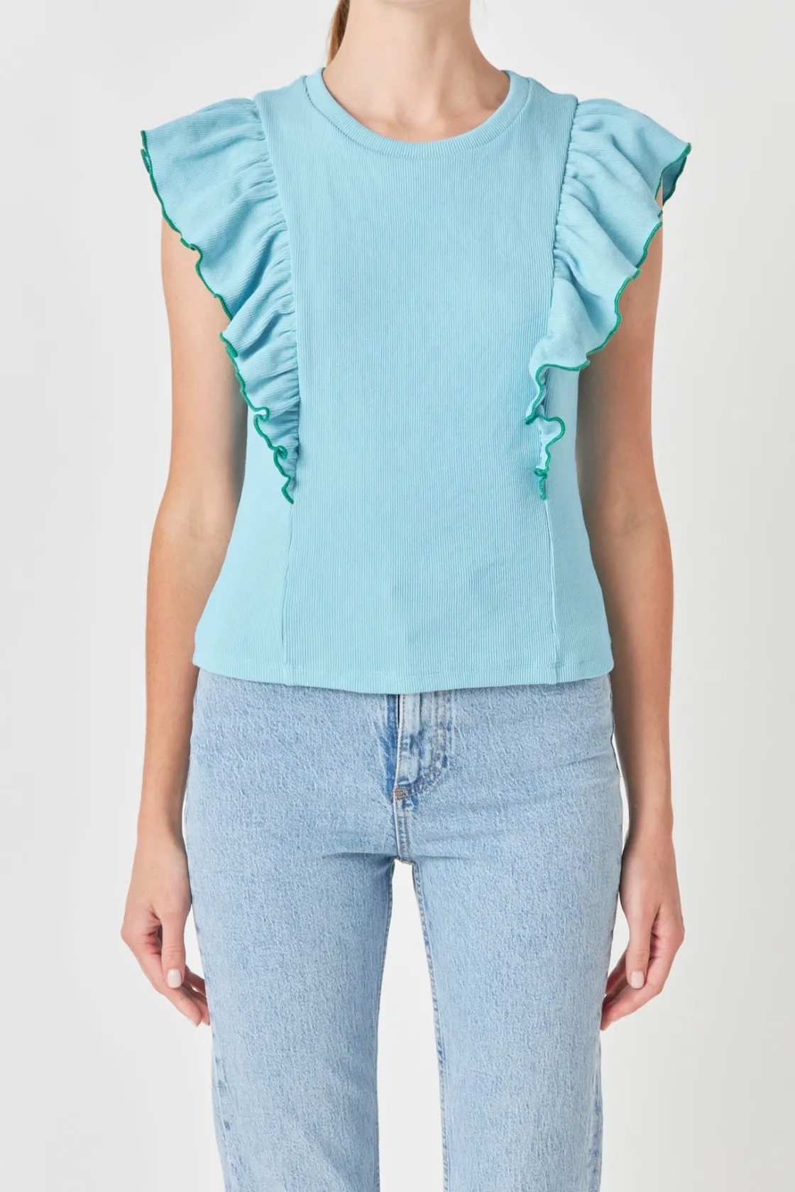 english_factory__contrast_15.webp ENGLISH FACTORY Tops*- Contrast Merrow Detail Ruffled Knit Top