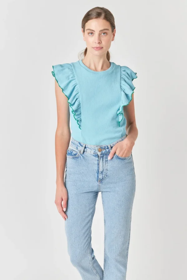 ENGLISH FACTORY Tops*- Contrast Merrow Detail Ruffled Knit Top
