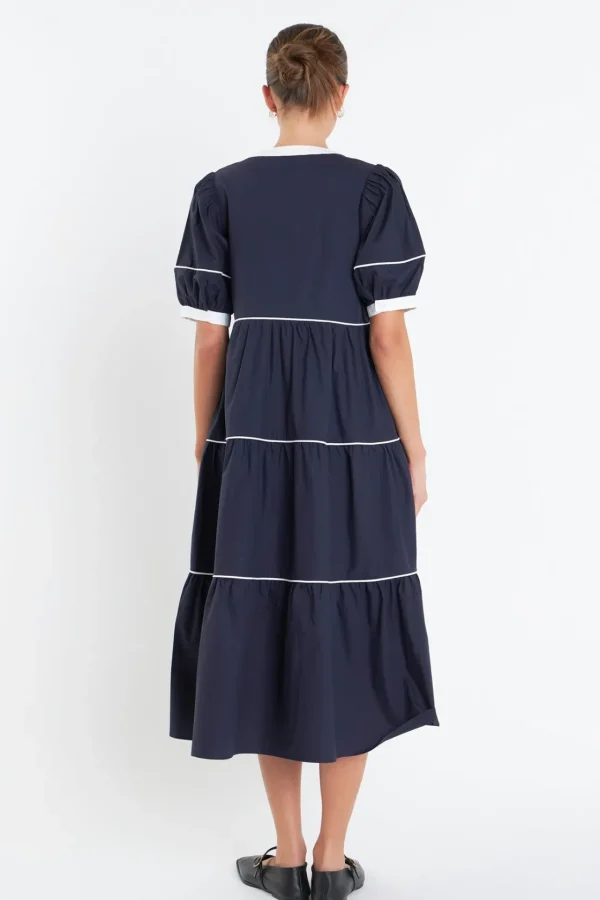 ENGLISH FACTORY Puff Sleeve | Tops*- Contrast Midi Dress NAVY