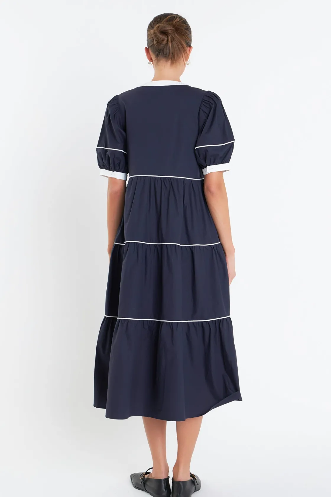 english_factory__contrast_2-19.webp ENGLISH FACTORY Puff Sleeve | Tops*- Contrast Midi Dress NAVY