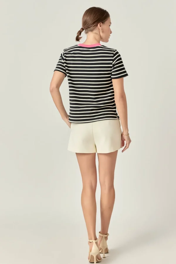 ENGLISH FACTORY Tops*- Contrast Rib Stripe Short Sleeve T-shirt BLACK/PINK