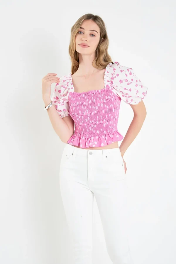 ENGLISH FACTORY Tops*- Contrast Floral Smocked Top PINK/WHITE
