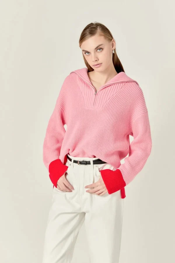 ENGLISH FACTORY Sweaters & Knits | Tops*- Contrast Zip Pullover Sweater PINK/RED