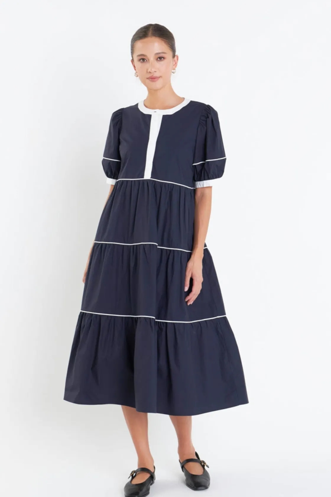 english_factory__contrast_3-18.webp ENGLISH FACTORY Puff Sleeve | Tops*- Contrast Midi Dress NAVY
