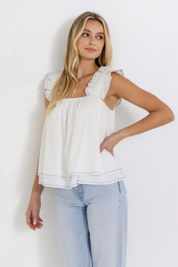 ENGLISH FACTORY Tops*- Contrast Embroidery Tiered Top WHITE