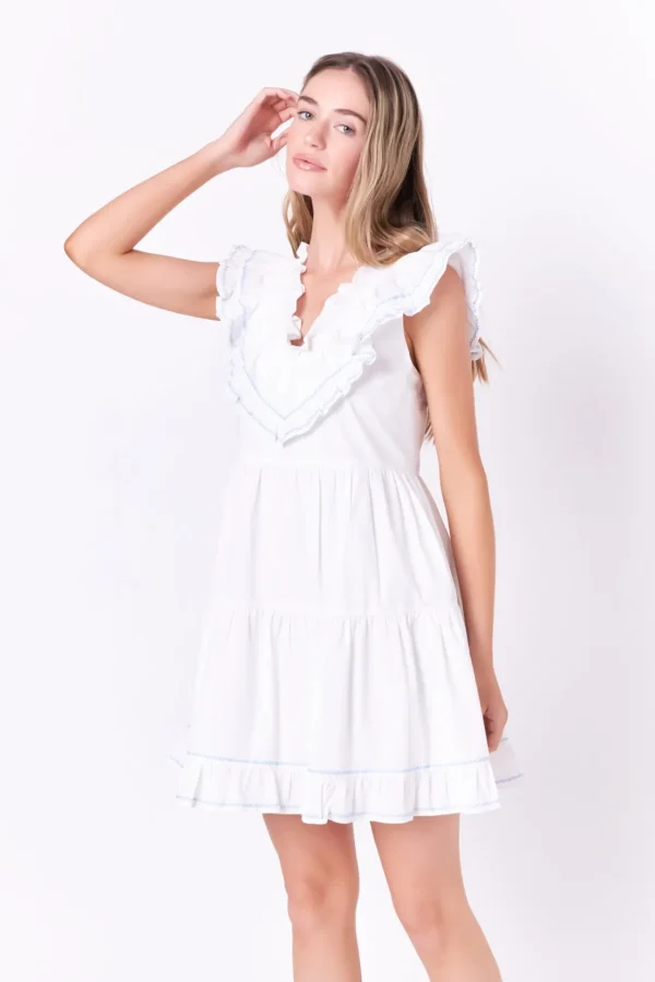 ENGLISH FACTORY White Dresses | Tops*- Contrast Embroidery Ruffled Mini Dress WHITE