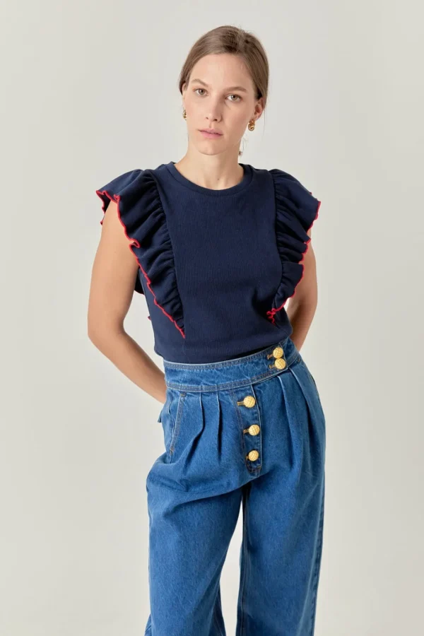 ENGLISH FACTORY Tops*- Contrast Merrow Detail Ruffled Knit Top
