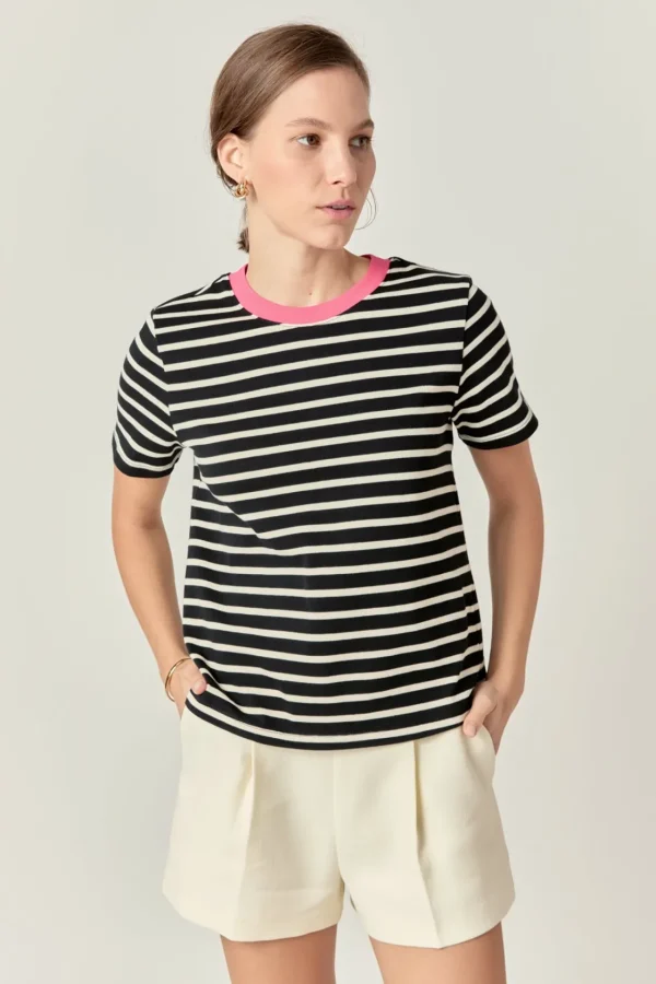 ENGLISH FACTORY Tops*- Contrast Rib Stripe Short Sleeve T-shirt BLACK/PINK
