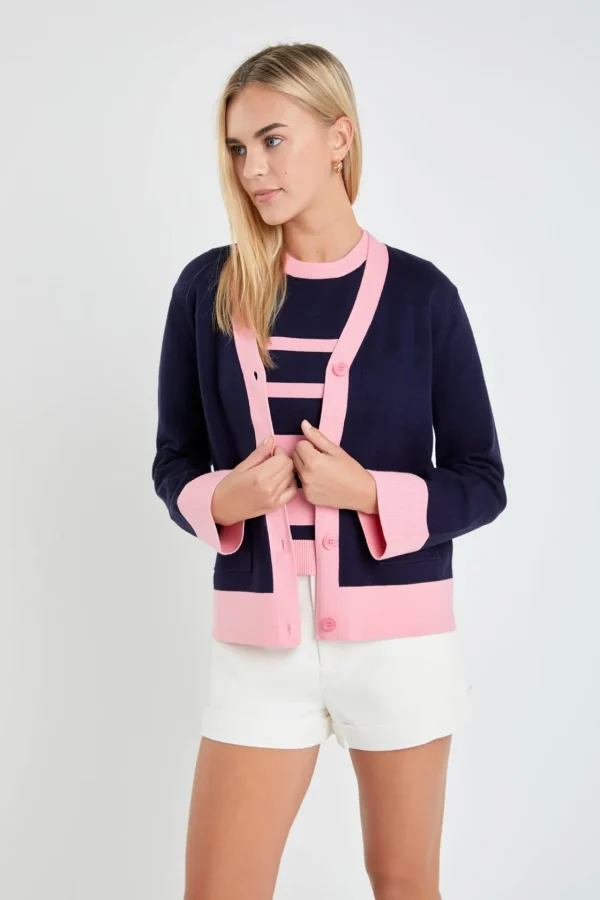 ENGLISH FACTORY Jackets & Coats | Tops*- Contrast V-neck Cardigan BLUE/PINK