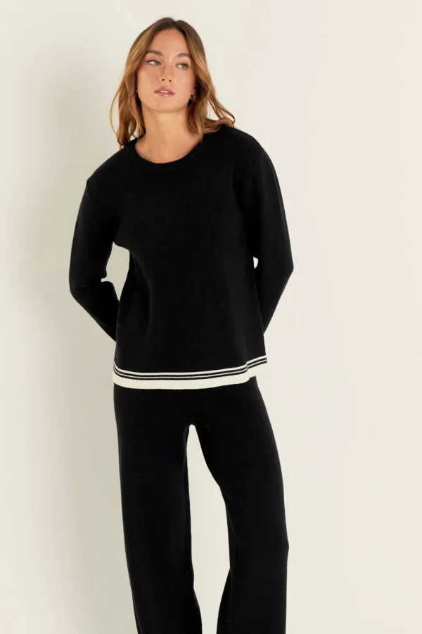 ENGLISH FACTORY Matching Sets | Tops*- Contrast Stripe Detail Knit Top BLACK/IVORY