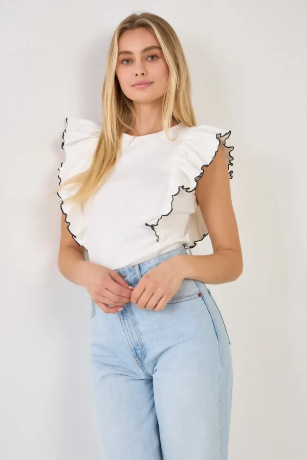 ENGLISH FACTORY Tops*- Contrast Merrow Detail Ruffled Knit Top