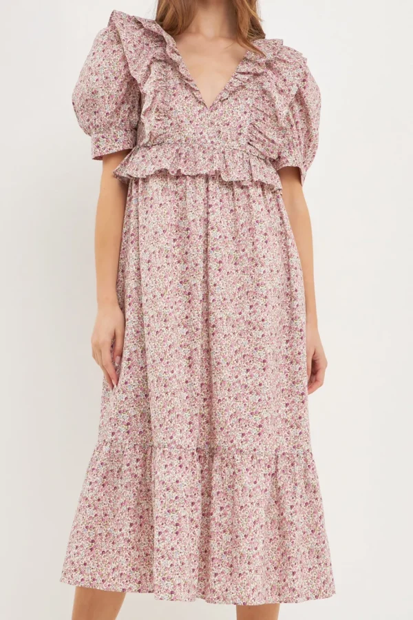 ENGLISH FACTORY Puff Sleeve | Floral Dresses*- Cotton Floral Ruffled Midi Dress IVORYMULTI