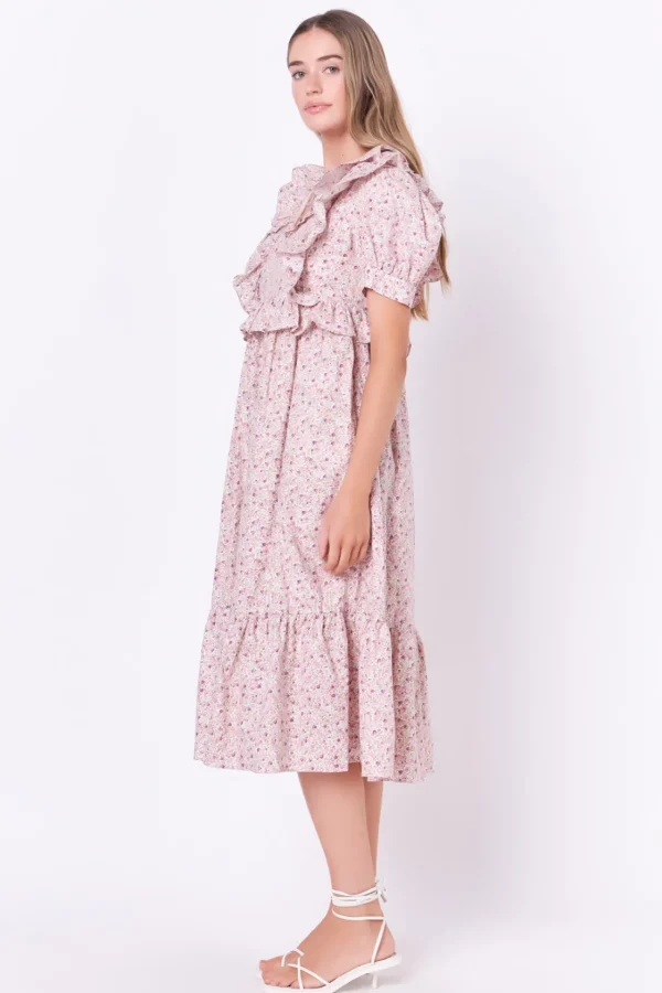 ENGLISH FACTORY Puff Sleeve | Floral Dresses*- Cotton Floral Ruffled Midi Dress IVORYMULTI