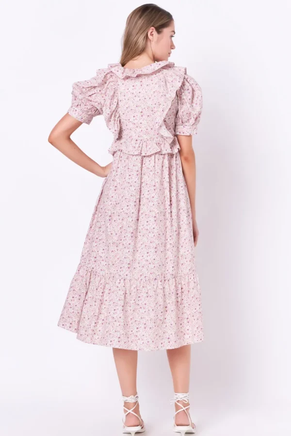 ENGLISH FACTORY Puff Sleeve | Floral Dresses*- Cotton Floral Ruffled Midi Dress IVORYMULTI