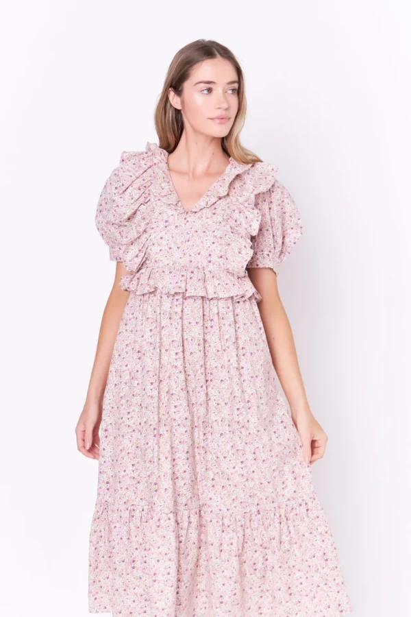 ENGLISH FACTORY Puff Sleeve | Floral Dresses*- Cotton Floral Ruffled Midi Dress IVORYMULTI