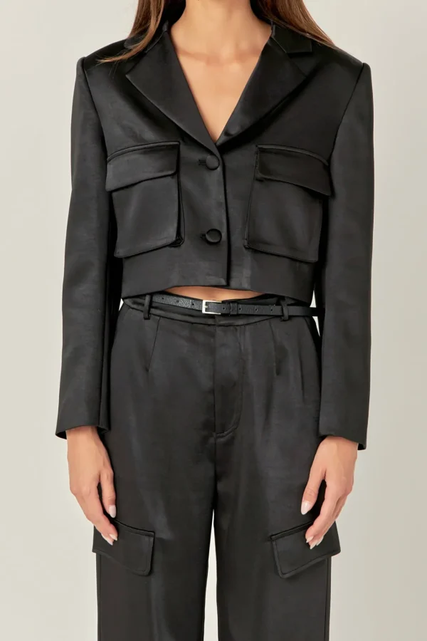 ENGLISH FACTORY Matching Sets | Blazers*- Cropped Satin Blazer BLACK