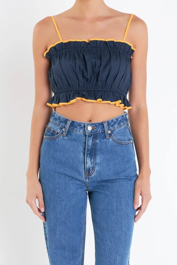 ENGLISH FACTORY Matching Sets | Tops*- Cropped Top with Colorblock Binding NAVY