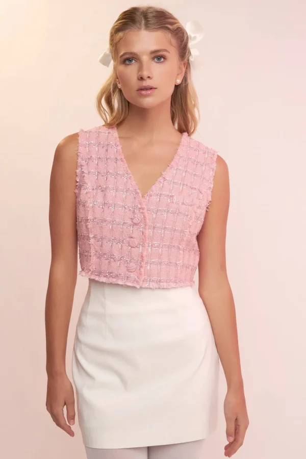 ENGLISH FACTORY Tops*- Cropped Tweed Vest PINK