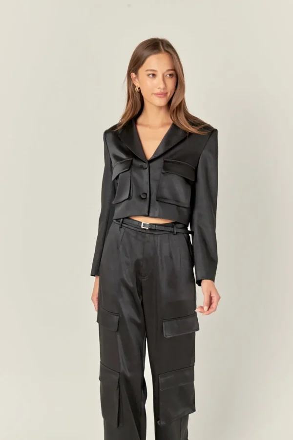 ENGLISH FACTORY Matching Sets | Blazers*- Cropped Satin Blazer BLACK