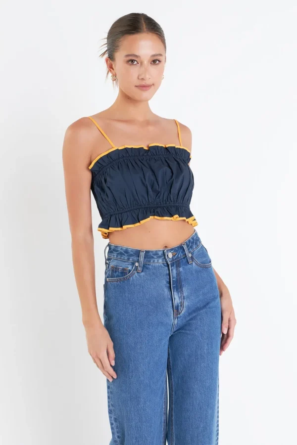 ENGLISH FACTORY Matching Sets | Tops*- Cropped Top with Colorblock Binding NAVY