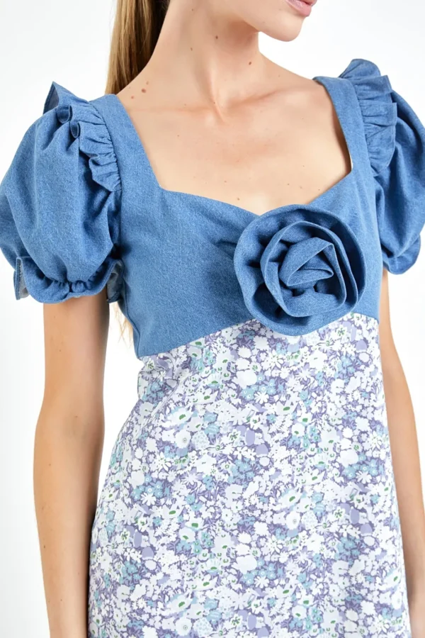 ENGLISH FACTORY Puff Sleeve | Tops*- Denim Combo Floral Print Maxi Dress BLUEMULTI