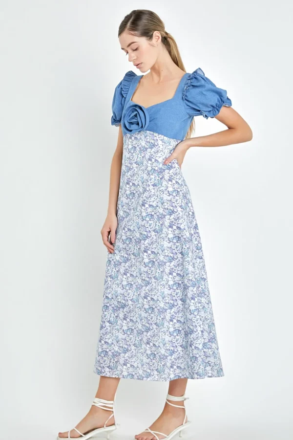 ENGLISH FACTORY Puff Sleeve | Tops*- Denim Combo Floral Print Maxi Dress BLUEMULTI