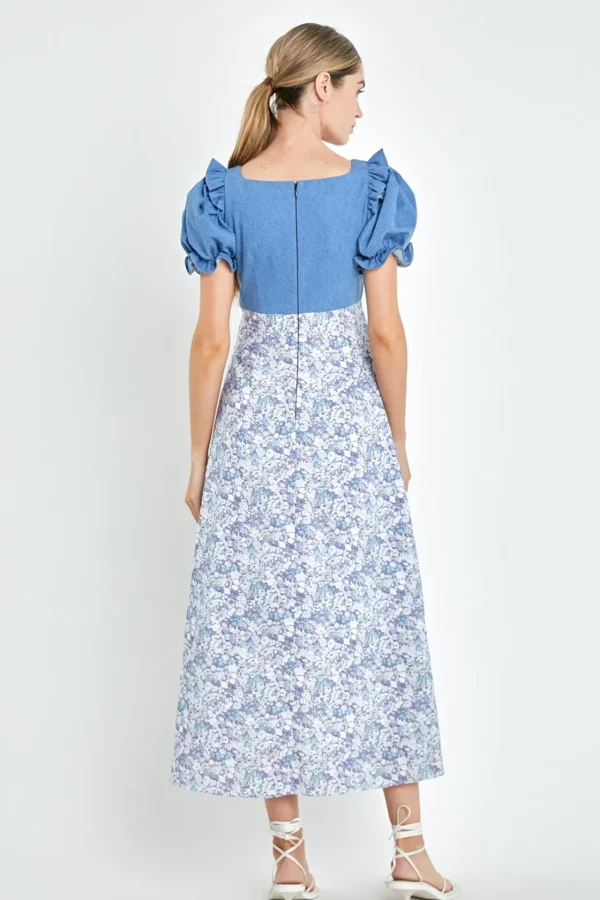 ENGLISH FACTORY Puff Sleeve | Tops*- Denim Combo Floral Print Maxi Dress BLUEMULTI